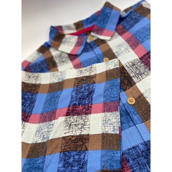 Tommy Bahama Mens Silk Shirt Checkered Blue Brown Pink Button Up Short Sleeve L - Picture 1 of 6